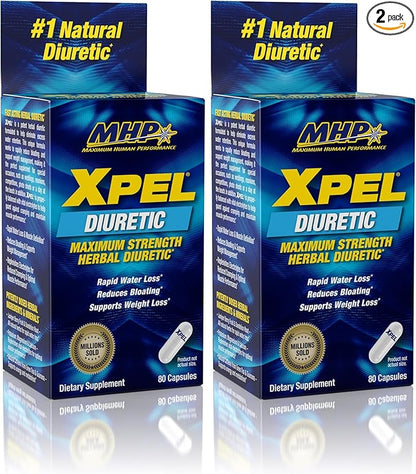 Maximum Human Performance Xpel Maximum Strength Diuretic Water Pills, for Water Retention Relief, Weight Loss Support, with Vitamin B-6 Potassium Dandelion Root, 80 Capsules, (Pack of 2)