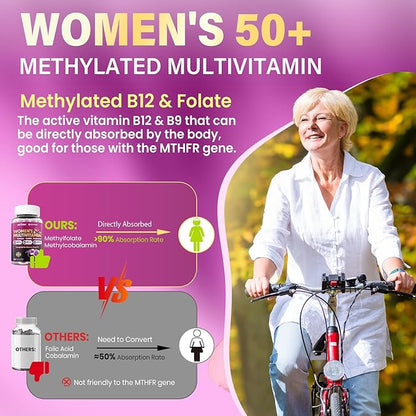 Multivitamin for Women 50 Plus Gummies, Vegan Omega 3, Methylfolate, Calcium, D3 K2, CoQ10, Daily Vitamin A C E, Methylated B12, Biotin, B Complex, Zinc - Bone, Energy, Longevity - Sugar Free, 60Count