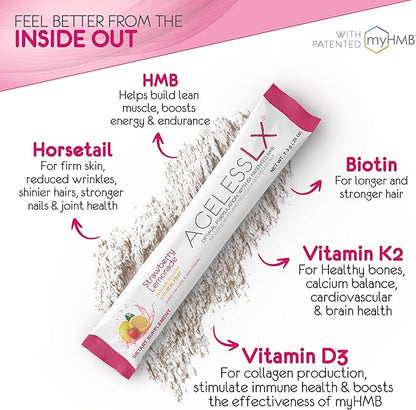 AgelessLX Powder Supplement for Women - with HMB Collagen Enhancer Plus Vitamin D3 with K2, Horsetail and Biotin for Lean Muscle and Stronger Hair and Nails - 30 Powder Packets Strawberry Lemonade