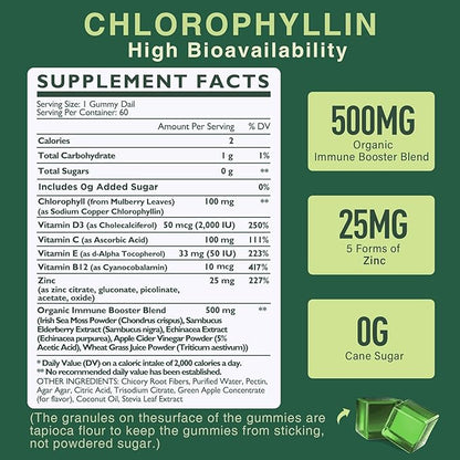 Chlorophyll Gummies - Super Green with Wheat Grass, Sea Moss, Unfiltered ACV & Elderberry, Echinacea, Zinc Complex & Vitamin D3, C, E, B12 for Natural Deodorant, Immune & Digestion Support, Pack of 2