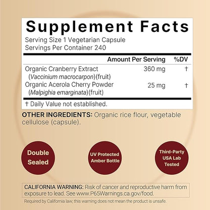 NatureBell 2 Pack Cranberry Concentrate with Acerola, 240 Vegetarian Capsules | Organic Cranberry Fruit Extract with Organic Acerola Cherry – Non-GMO, cGMP Manufactured