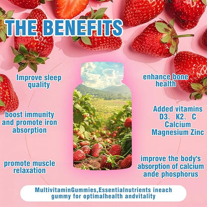 Vitamin D3 K2 Gummies,Vitamin D3 10000 IU with K2 200mcg,VitaminC,Calcium,Magnesium,Zinc,Support for Bones,Joints,Muscles,Nerves,and Immune System (60, Strawberry,Sugar-Free)