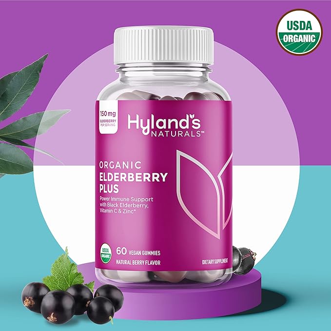 Hyland's Organic Elderberry Plus Gummies, Organic Black Elderberry with ZINC and Vitamin C, Immune Support Supplement for Adults, 60 Vegan Gummies (30 Days) (Pack of 2)