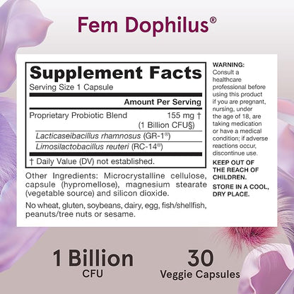 Jarrow Formulas Fem-Dophilus Vaginal Probiotics 1 Billion CFU with 2 Science-Backed Strains, Dietary Supplement for Vaginal & Urinary Tract Support, 30 Capsules, Up to a 30 Day Supply, Shelf-Stable