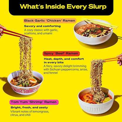 immi Variety Pack Ramen – Spicy “Beef,” Black Garlic “Chicken” & Tom Yum “Shrimp” – Vegan, High Protein Ramen Noodles – Low Carb, Zero Sugar – Healthy Keto-Friendly Ramen Bowls, 6-Pack