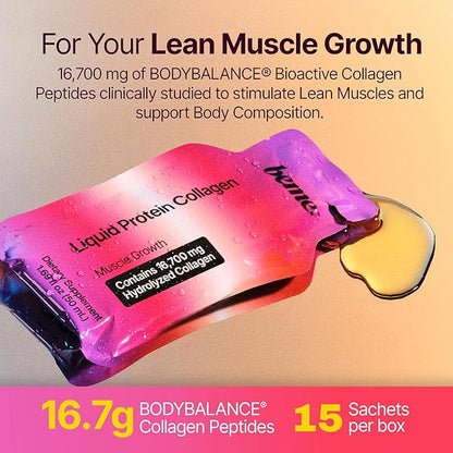 BeMe Liquid Collagen Peptides - Easy Protein Shots for Lean Muscle Support and Workout Recovery. 15g Whey Free Formula with 16.7g Hydrolyzed Collagen for Gym Performance. 15 Sachets, Apple Flavor