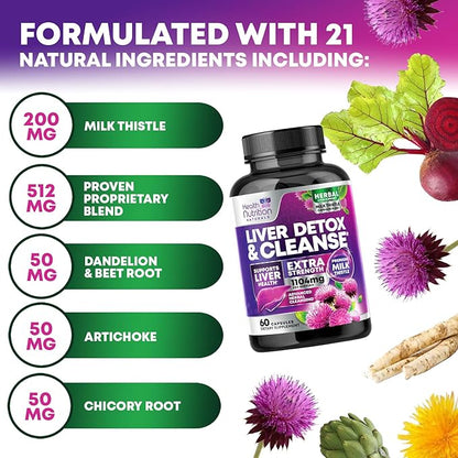 Gentle Liver Cleanse Detox & Repair Formula - Advanced Liver Support Supplement with Silymarin Milk Thistle, Dandelion Root, Artichoke Extract, Turmeric, Choline, & Beetroot - 60 Veggie Capsules