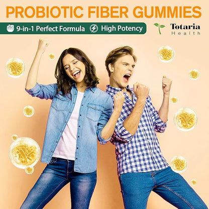 9-in-1 Probiotic Prebiotic Fiber Gummies for Adults & Teens, Fiber Supplement Pro with 5 Billion CFU Bacillus Coagulans, Psyllium Husk, FOS, Inulin, ACV for Digestion & Gut, 60 Vegan Pineapple Gummies
