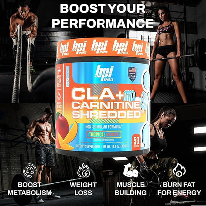 BPI Sports CLA + Carnitine Shredded - Convert Fat Cells Into Energy and Supports Lean Muscle, Boost Metabolism - Non-Stimulant L-Carnitine Supplement - Tropical Mango (14.1 oz. / 50 Servings)