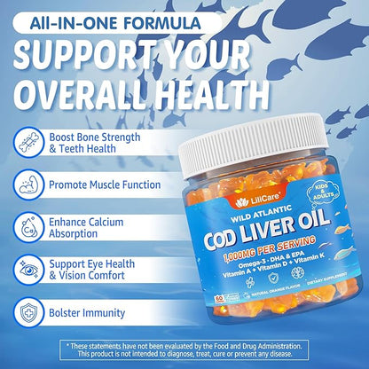 Cod Liver Oil Gummies 1000mg for Kids & Adults - w/Omega 3 (EPA & DHA), Vitamins A, D3 & K2 - Cod Liver Oil Omega 3 Gummies for Immune, Brain & Cognitive Support, Sugar-Free, Orange Flavor, 60Cts