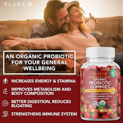 Plant.O Organic Probiotic Gummies for Women, Men & Kids [5 Billion CFUs USDA Certified] Help Support Digestion, Bloating, Constipation & Immune System, Strawberry Flavor, 30 Chewable Probiotics