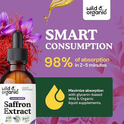 Wild & Organic Saffron Supplements 88.5 mg - Saffron Drops for Mood, Brain, Vision Support - Crocus Sativus Liquid Extract - Vegan, Sugar & Alcohol-Free Tincture - 2 fl oz