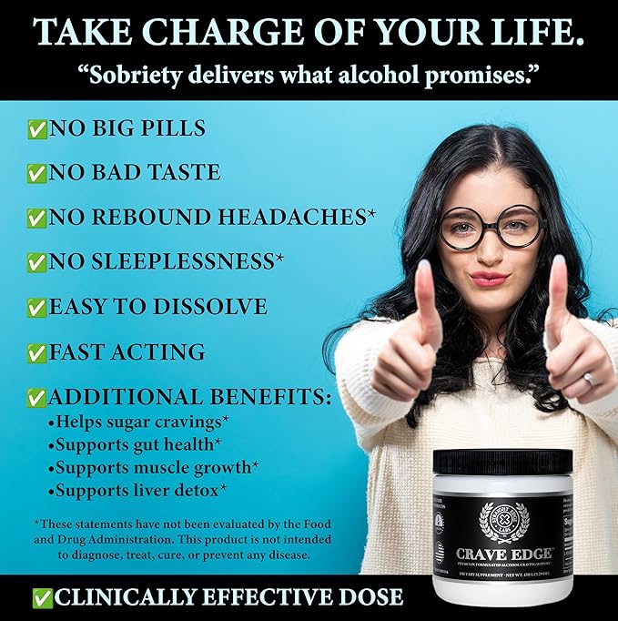 Crave Edge Alcohol Craving Support, Physician-Formulated Anti Alcohol Replacement Drink, Stop Drinking, Liver Detox, Fast Acting, No Big Pills or Bad Taste (150G Powder, 30 Servings)