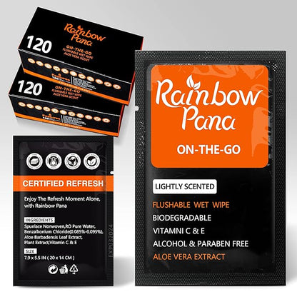 RainbowPana 240 Count Flushable Wipes for Men: ON-THE-GO, Individually Wrapped | Butt Wipes, Travel Wipes | Lightly Scented - Vitamin C, E, Aloe, Plant Extract | Hypoallergenic, Sensitive Skin