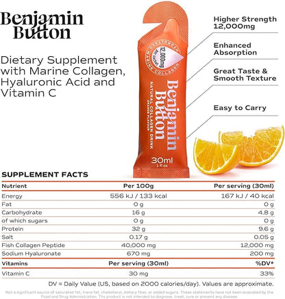 Marine Collagen Liquid Sachet w/Hyaluronic Acid & Vitamin C | for Hair, Skin, Nails & Joints | 12,000mg High Strength Hydrolysed Collagen (1.01 Fl Oz (Pack of 28), Orange)