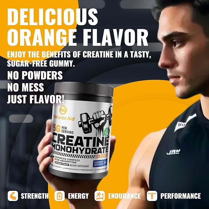 Natures Aid NSF Certified Creatine Gummy 5g - Creatine Monohydrate Gummies – Pre-Workout Energy & Muscle Growth Support for Men & Women | Orange Electrolyte Gummies (135 Count)