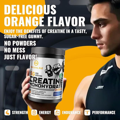 Natures Aid NSF Certified Creatine Gummy 5g - Creatine Monohydrate Gummies – Pre-Workout Energy & Muscle Growth Support for Men & Women | Orange Electrolyte Gummies (135 Count)
