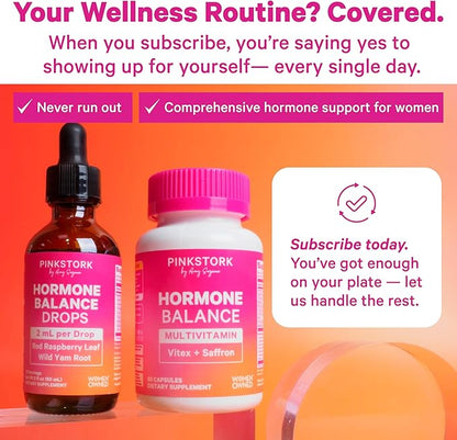 Pink Stork Hormone Balance Drops for Women - Supports Hormonal Health, PMS, Perimenopause & Mood, with Red Raspberry Leaf & Wild Yam - Liquid Supplement - Vegan, 2oz, 30 Servings