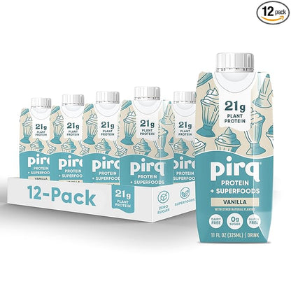 Pirq, 21g Dairy Free Protein Shake, 25 Superfoods, 0g Sugar, Plant-Based Protein Drink, Gluten-Free, Vegan, Kosher, Keto, Low Carb, Low Calorie (12 Pack) (Vanilla)