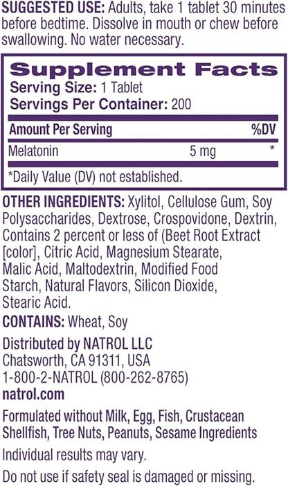 Natrol Melatonin 5mg Fast Dissolve Tablets, Sleep Support Supplements for Adults, Strawberry Flavor, 200 Tablets, Up to 200 Day Supply