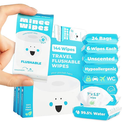 Impossibly Compact Travel Flushable Wipes - 99.5% Water and Aloe - Safe for Sensitive Skin, Hypoallergenic & Unscented - Travel Essentials for Adults, Kids & Baby Care - 24 Pack Total 144 Wipes