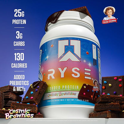 RYSE Loaded Protein Powder - Little Debbie Cosmic Brownie - 25g Whey Protein Isolate & Concentrate with Prebiotic Fiber & MCTs - Low Carb, Low Sugar, Digestive-Friendly - 20 Servings / 1.5 lb Tub