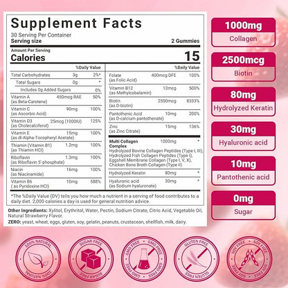 Collagen Gummies for Women - Sugar-Free Hydrolyzed Collagen Gummy with Biotin, Hyaluronic Acid & MultiVitamins, Type I, II, III, V & X Collagen Peptides - Promote Skin/Hair/Nail/Bones, 60 Cts