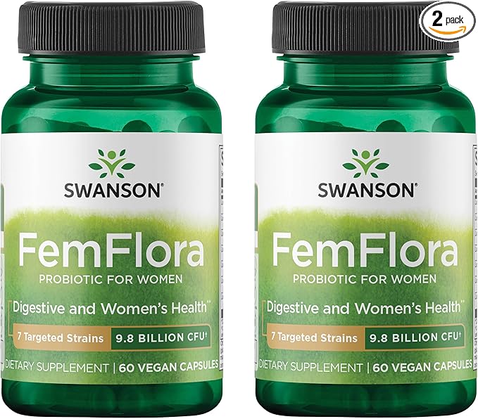 Swanson FemFlora Women's Probiotic for Feminine Digestive, Urinary, and Vaginal Health Support with 9 Billion CFU Per Capsule (60 Capsules, 2 Pack)