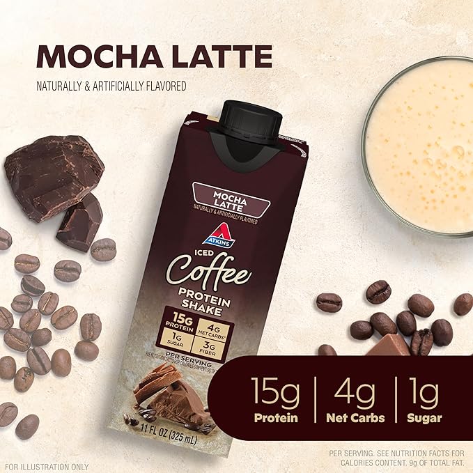 Atkins Mocha Latte Iced Coffee Protein Shake, 15g Protein, Low Glycemic, 4g Net Carb, 1g Sugar, Keto Friendly (Pack of 24)
