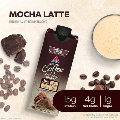 Atkins Mocha Latte Iced Coffee Protein Shake, 15g Protein, Low Glycemic, 4g Net Carb, 1g Sugar, Keto Friendly (Pack of 24)