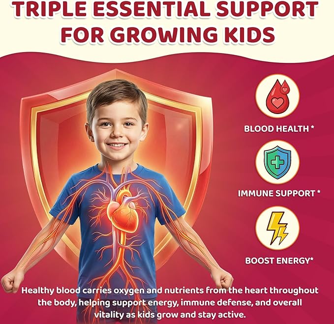 Iron Supplement Gummies for Kids, Kids Multivitamin with Iron - Vitamin B Complex, C, D3, Calcium, Folate, Zinc, FOS for Blood Builder & Energy Support, Iron Deficiency, Vegan,Mixed Fruit Flavor,60 ct