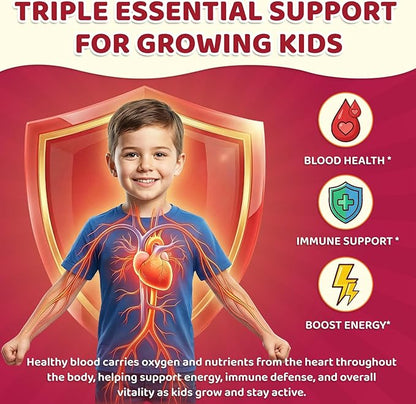 Iron Supplement Gummies for Kids, Kids Multivitamin with Iron - Vitamin B Complex, C, D3, Calcium, Folate, Zinc, FOS for Blood Builder & Energy Support, Iron Deficiency, Vegan,Mixed Fruit Flavor,60 ct
