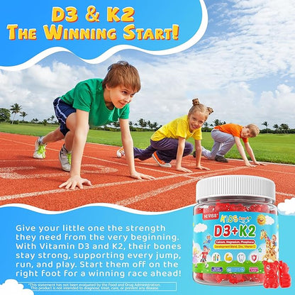 Vitamin D3 K2 Gummies for Kids + Calcium, Magnesium, Zinc, Phosphorus, Vitamin C, Kids Multivitamin D3 & K2 Supplement for Bṏne Health, Calcium Absorption, Focus & Immunity, Non GMO, Sugar Free, 60Cts