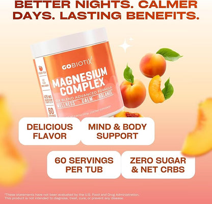 GoBiotix Magnesium Glycinate Powder – Cortisol Supplements for Women and Men – High Absorption Magnesium Complex Calm Supplement with Citrate, Malate – Sugar Free – 420 mg, 60 Servings - Peach Tea
