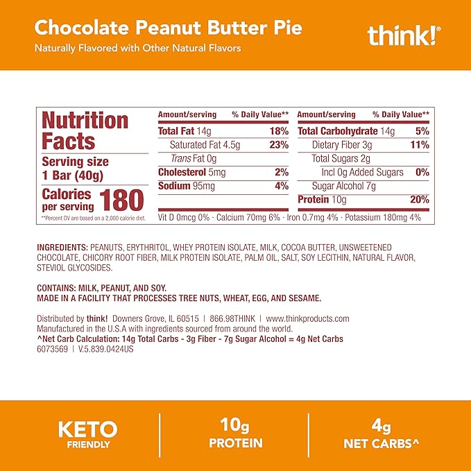 think! Delight Protein Bars, Chocolate Peanut Butter Pie, Low Sugar & Low Carb Gluten-Free Snack, Keto Friendly Snacks, 12 Count (Packaging May Vary)