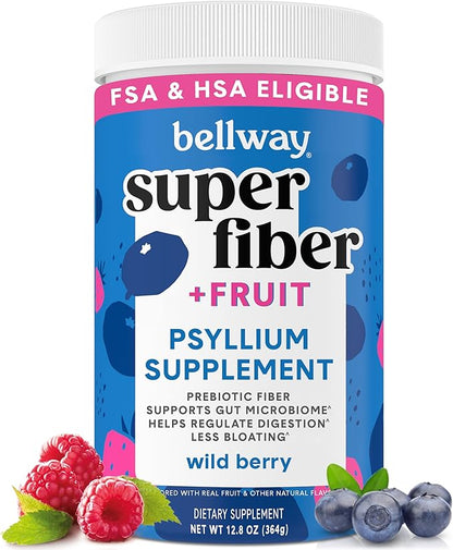 Bellway Super Fiber Powder + Fruit, Sugar Free Organic Psyllium Husk Powder Fiber Supplement for Regularity, Bloating Relief & Digestive Health, Plant-Based, Wild Berry (50 Servings)