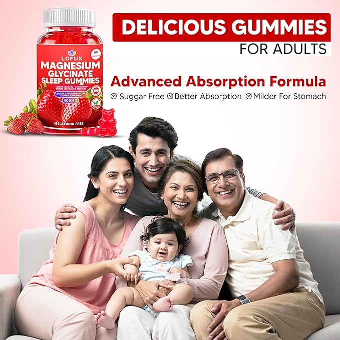Lofux Magnesium Glycinate Gummies 400mg, Sugar Free Magnesium Gummies for Adults Women, Men, Chewable Supplement Gummy with L-Threonate, Vitamin D, B6, CoQ10 - for Calm, Sleep, Body Relaxation, 60 Ct