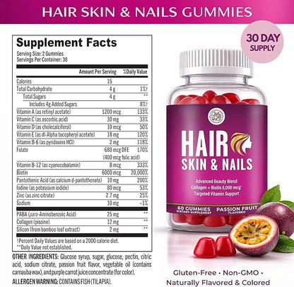 Grab The Gold Hair Skin & Nails Vitamins for Women | Gummies with 6000mcg Biotin & Collagen | 10 Essential Vitamin & Minerals | Gluten-Free, Non-GMO, Passion Fruit Flavor | 1 Month Supply, Made in USA