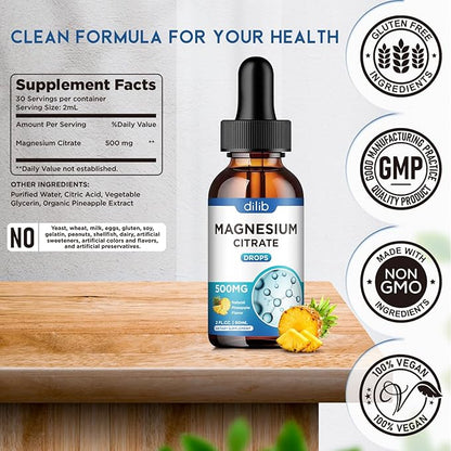 Magnesium Citrate Liquid Drops, Liquid Magnesium Supplement 500mg, Support Stress Relief, Sleep, Mood, Bones, Muscles, Relaxation, Vegan Natural Pineapple Flavor 4 Fl Oz