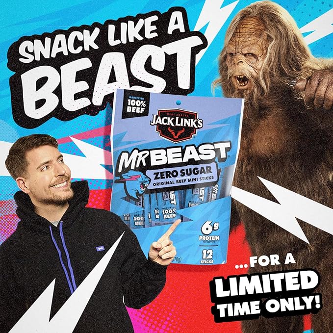 Jack Link’s x MrBeast Beef Sticks, Zero Sugar Mini Sticks, As Seen on Beast Games, 6g Protein, Made with 100% Real Beef, Pantry-Ready Snacks, (Pack of 24)