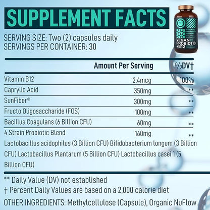 Vegan Probiotic Plus B12 & FOS - 22 Billion CFU Synbiotics Prebiotics and Probiotics for Digestive Health, IBS, Mood Support - B12 Pre Pro Post Biotics for Women & Men - 60 Gluten-Free Capsules