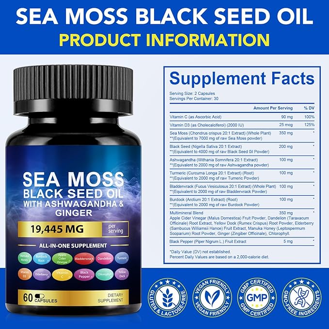 Sea Moss Black Seed Oil Ashwagandha Ginger Turmeric Capsules, Sea Moss Gummies Supplement with Burdock Root Bladderwrack Vitamin C Vitamin D3 Yellow Dock Iodine Chlorophyll ACV - 60 Count