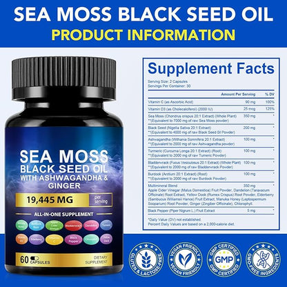 Sea Moss Black Seed Oil Ashwagandha Ginger Turmeric Capsules, Sea Moss Gummies Supplement with Burdock Root Bladderwrack Vitamin C Vitamin D3 Yellow Dock Iodine Chlorophyll ACV - 60 Count
