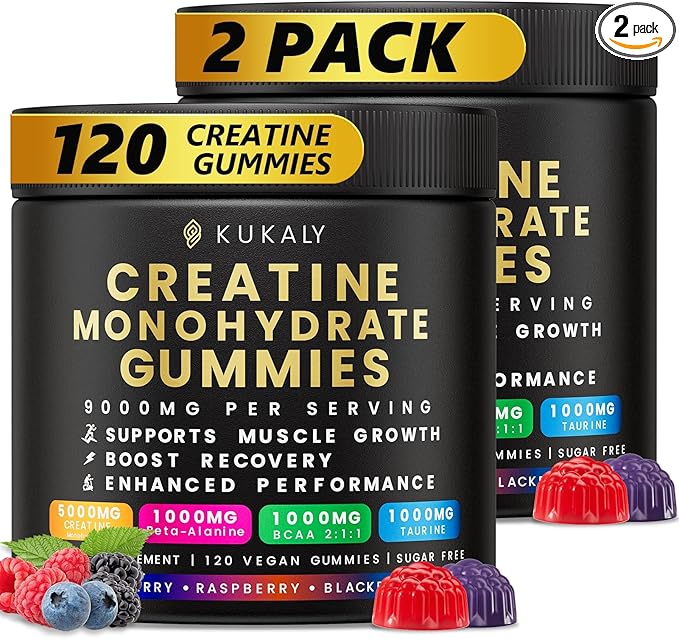 KUKALY Creatine Monohydrate Gummies for Men & Women, 9000MG Creatine Gummies Sugar Free Mixed Flavored with L-Taurine, BCAA 2:1, B12 B6 for Boost Strength, Focus & Endurance, Vegan, Non-GMO, 2 Bottle