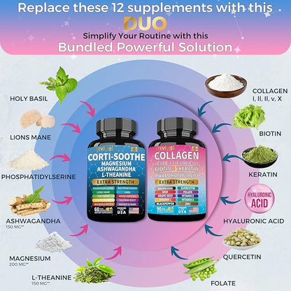 Shining Serenity Set, Cortisol Support with Ashwagandha, L-Theanine, Magnesium, Lions Mane, GABA, Bacopa Monnieri, Collagen Biotin, Keratin, Hyaluronic Acid, Quercetin