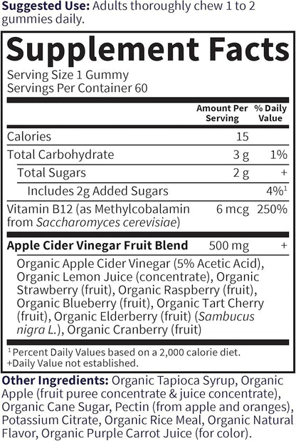 Garden of Life Organics Apple Cider Vinegar Gummies with Vitamin B12 – Organic ACV Gummy Vitamins, Vegan, Gluten-Free, Non-GMO, 60 Gummies