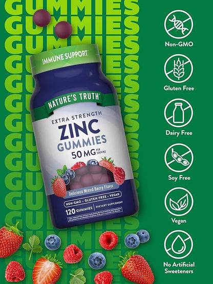 Nature's Truth Zinc Gummies for Adults | 50mg | 120 Count | Vegan, Non-GMO & Gluten Free Supplement | Mixed Berry Flavor