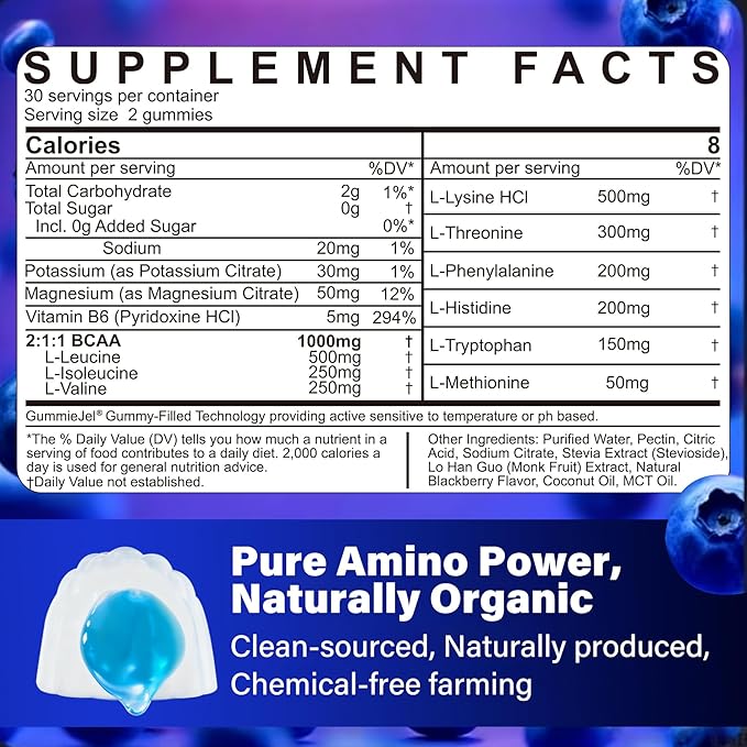EAA Gummies Supplements, All 9 Essential Amino Acids Supplement, BCAA Amino Acids Gummies for Men Women│Branched-Chain Aminos & Electrolyte Hydration Gummies│Gluten Free, Raspberry Flavor, Vegan, 60ct