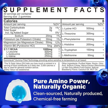 EAA Gummies Supplements, All 9 Essential Amino Acids Supplement, BCAA Amino Acids Gummies for Men Women│Branched-Chain Aminos & Electrolyte Hydration Gummies│Gluten Free, Raspberry Flavor, Vegan, 60ct