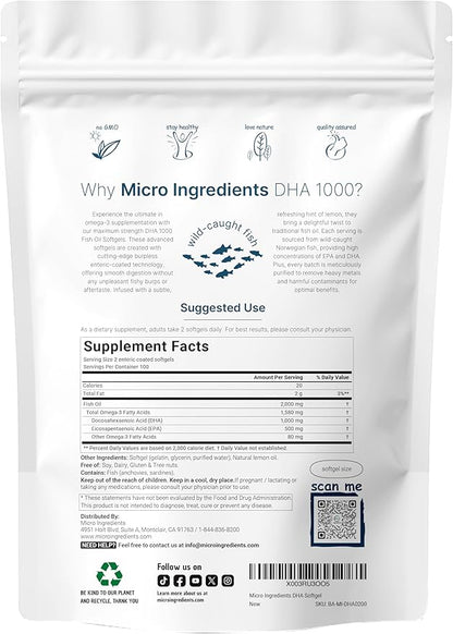 Omega 3 Fish Oil DHA Supplements 1000mg with EPA 500mg, 200 Softgels – Lemon Flavored, Burpless (Enteric Coated) | Deep Sea Fresh Fish, Wild Caught from Norwegian Waters | Mercury Free